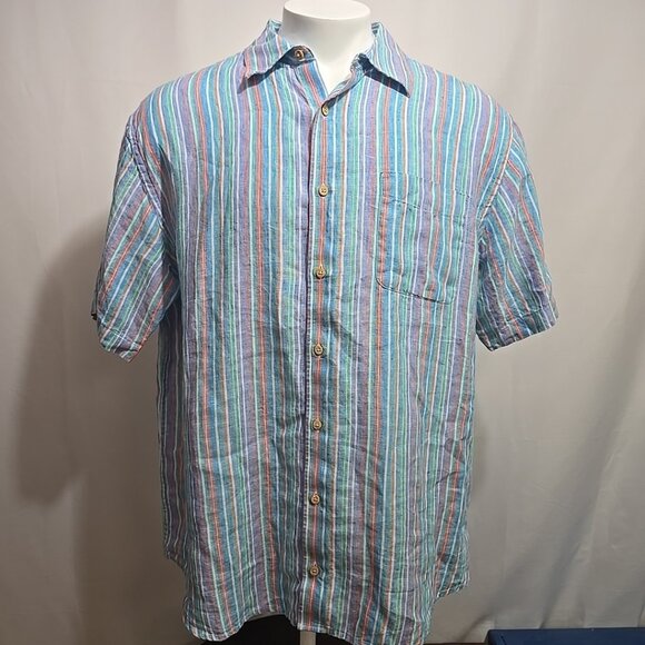 Jos A Bank 100% Linen Shirt Mens Size XL Rainbow Vertical Striped Button Down - Picture 1 of 7